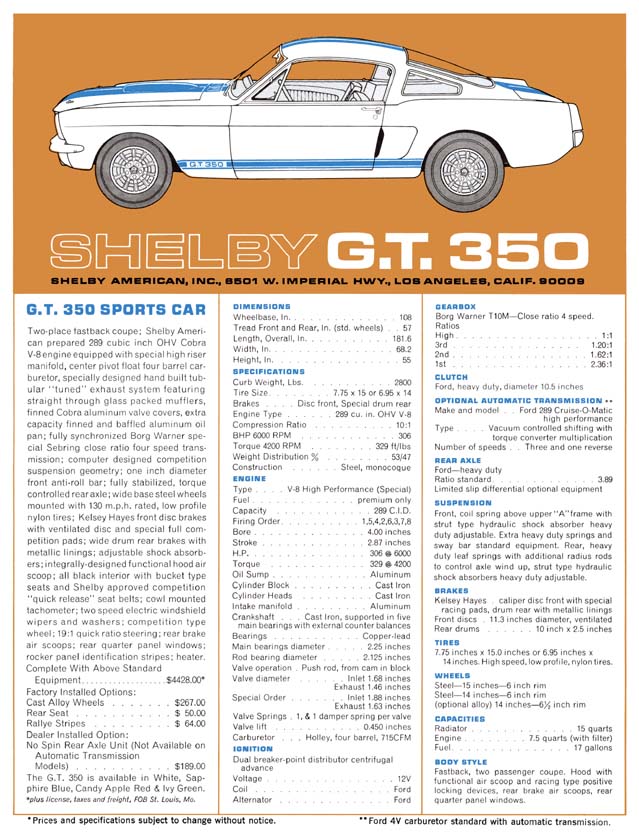 1966 Shelby GT350 Specifications